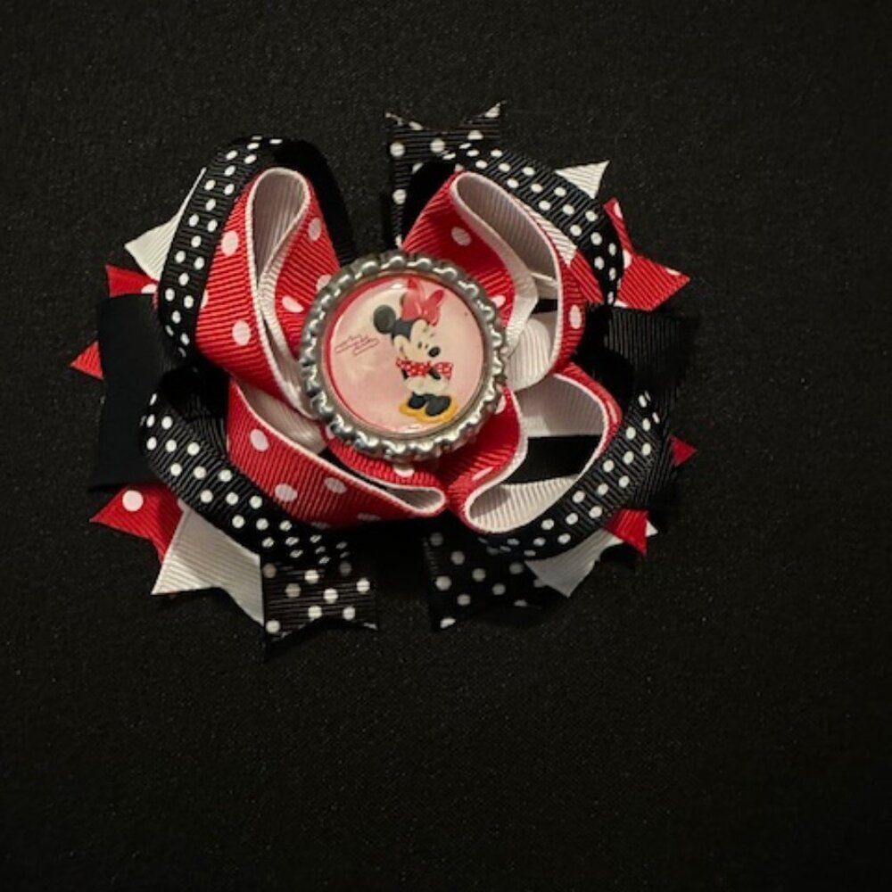 "Minnie Mouse" Bottle Cap Image Deluxe Bow  5B1724  Handmade NWT Boutique
